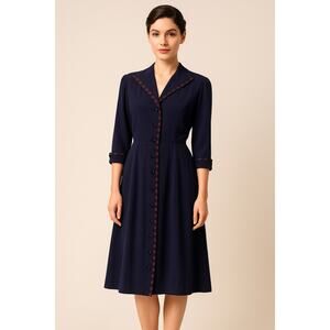 1950s Fair Lady Navy Crepe Button-Front Dress w/ Ribbon Trim medium